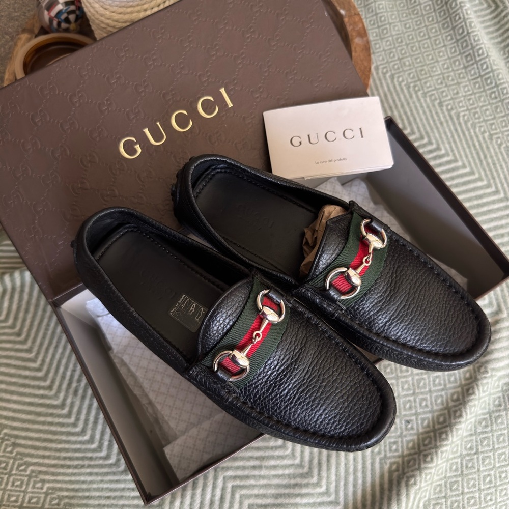 Gucci Black Leather Slip-On Loafers with Red Accents 100% Authentic Women’s..